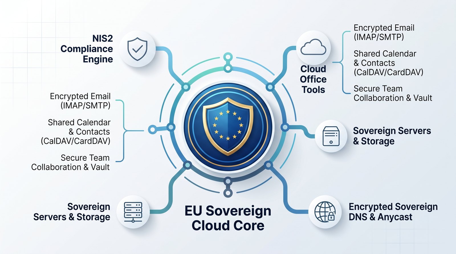 Enterprise architecture diagram: EU Sovereign Cloud Core and NIS2 Engine topology