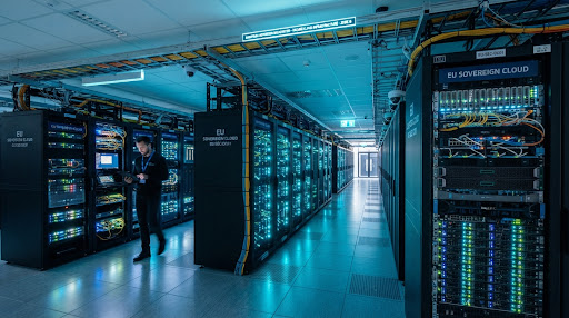 European sovereign datacenter with illuminated server racks